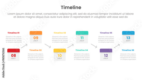 timeline set of point infographic with date calendar box linked arrow up and down with 6 point for slide presentation template