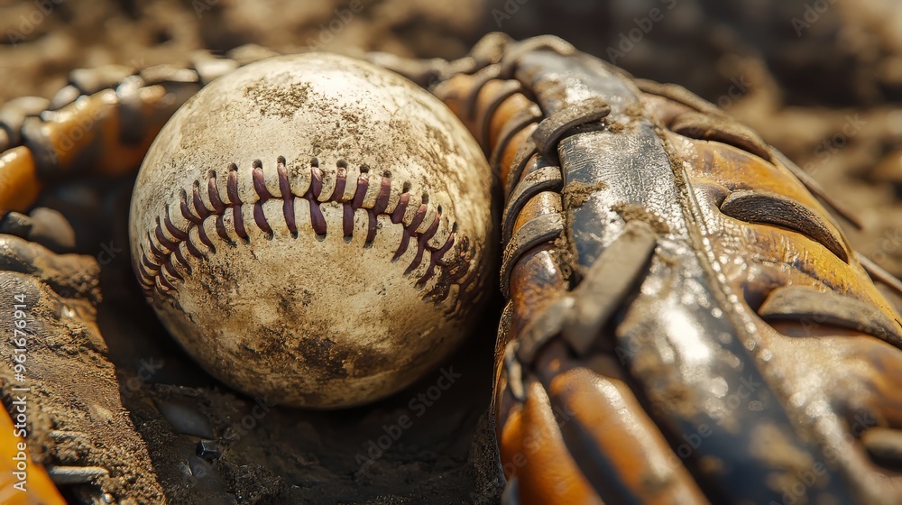 Worn Baseball and Glove. generative ai illustration. Worn Baseball and Glove. generative ai illustration.