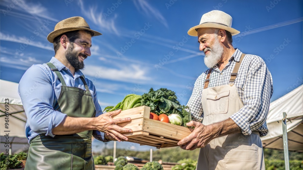 two male farmers working together exchanging food. two male farmers working together exchanging food.