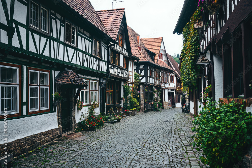 A charming cobblestone street winds through a quaint German village, lined with traditional half-timbered houses adorned with vibrant greenery. A charming cobblestone street winds through a quaint German village, lined with traditional half-timbered houses adorned with vibrant greenery.