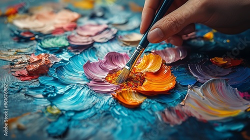 Wallpaper Mural Close-up view of an artist's hand delicately painting vivid flowers on a textured canvas. Torontodigital.ca