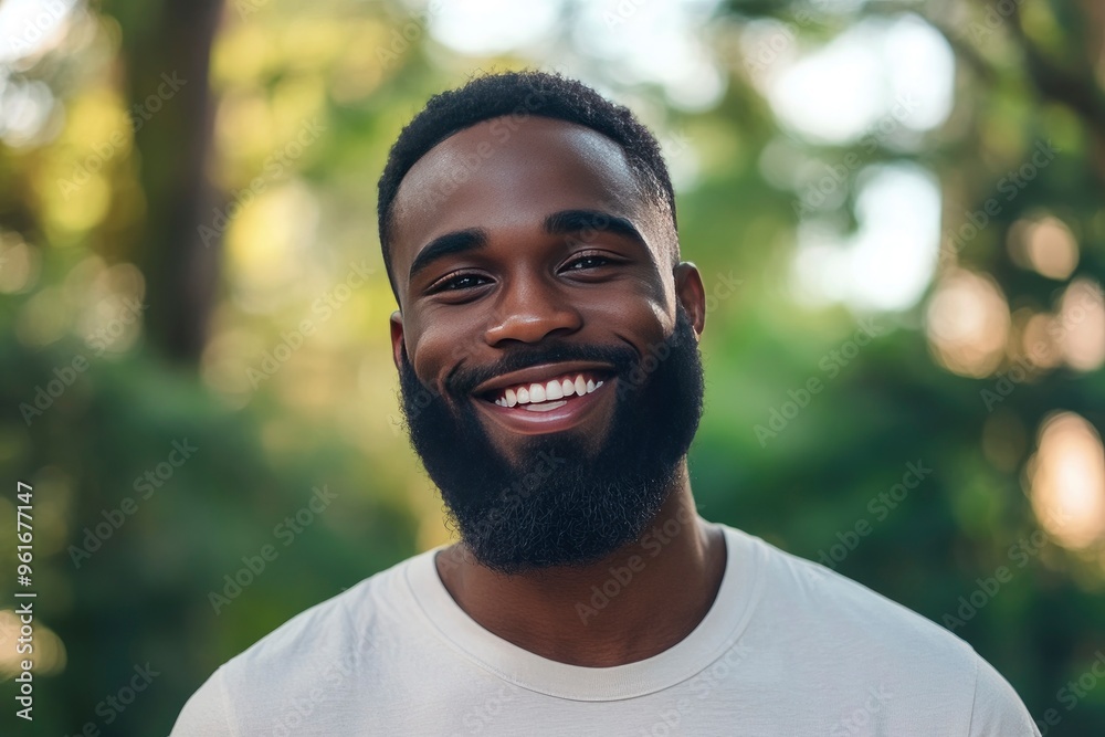 Handsome happy African American bearded man. Portrait of cheerful young man standing outdoors and smiling at camera. Positive emotion concept of male person. Generation z guy look carefree, ai Handsome happy African American bearded man. Portrait of cheerful young man standing outdoors and smiling at camera. Positive emotion concept of male person. Generation z guy look carefree, ai