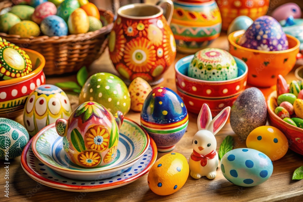 Easter-themed hand-painted ceramics featuring a mix of bright and muted colors for a playful and eclectic style Easter-themed hand-painted ceramics featuring a mix of bright and muted colors for a playful and eclectic style
