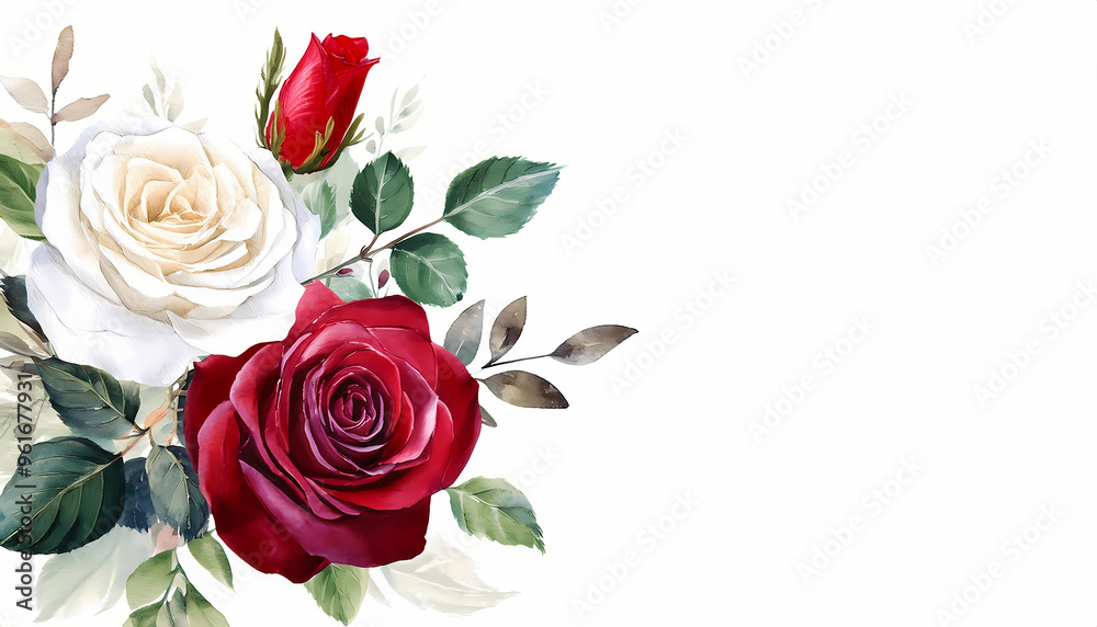 bouquet of white roses, and dark red rose close up; romantic fashion wedding card, watercolor, isolated on white background