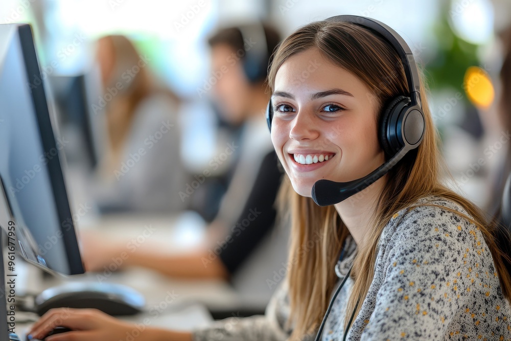 Friendly call center agent answering incoming calls with a headset, providing customer service remotely. Happy woman using her excellent communication skills to resolves customer issues, ai Friendly call center agent answering incoming calls with a headset, providing customer service remotely. Happy woman using her excellent communication skills to resolves customer issues, ai