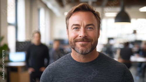 A confident man with short hair and a beard smiles warmly while standing in the foreground of a modern open office space with blurred coworkers