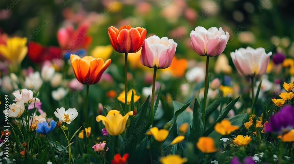 Colorful spring flowers in a meadow, capturing the beauty and diversity of the season. Colorful spring flowers in a meadow, capturing the beauty and diversity of the season.