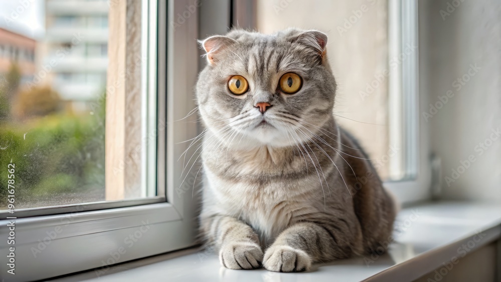 custom made wallpaper toronto digitalA sleek gray and white Scottish Fold cat with folded ears and large, expressive eyes sits comfortably on