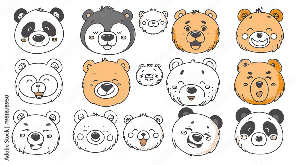 A collection of cute bear and panda faces with different expressions. A collection of cute bear and panda faces with different expressions.