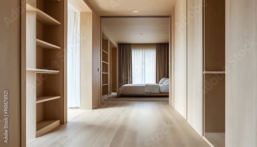 Serene minimalist hallway showcasing light wood floors and built-in shelves, revealing a peaceful bedroom beyond an open doorway with soft curtains.