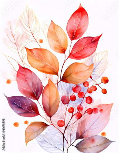 Autumn fall leaves and berrries, watercolor painting, isolated on white background  photo