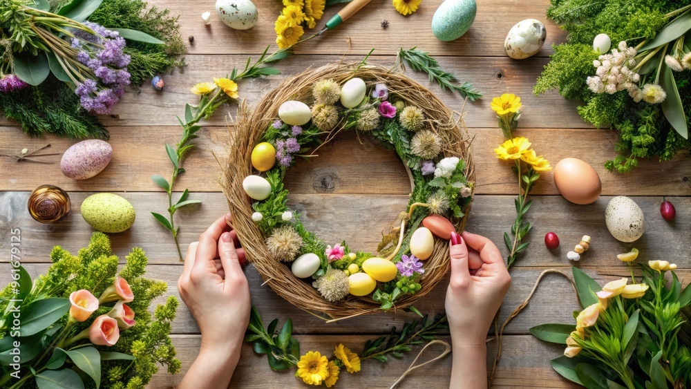 Fototapeta premium Easter Wreath Making with Floral and Greenery Embellishments