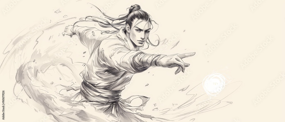Woman in kimono with arms extended, ball aloft Woman in kimono with arms extended, ball aloft