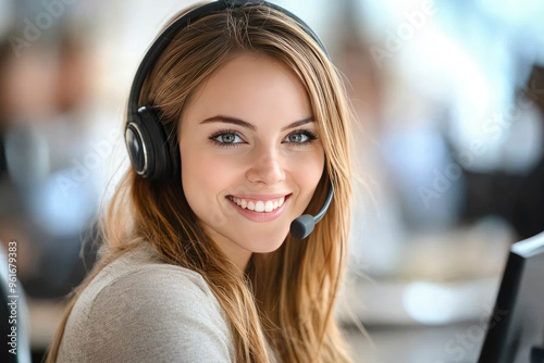 Friendly call center agent answering incoming calls with a headset, providing customer service remotely. Happy woman using her excellent communication skills to resolves customer issues, ai