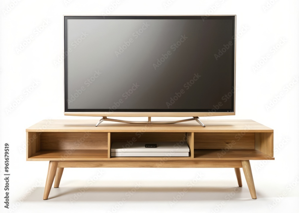 A sleek Modern television set on a sturdy wooden stand, elevated on a crisp white background, with a A sleek Modern television set on a sturdy wooden stand, elevated on a crisp white background, with a