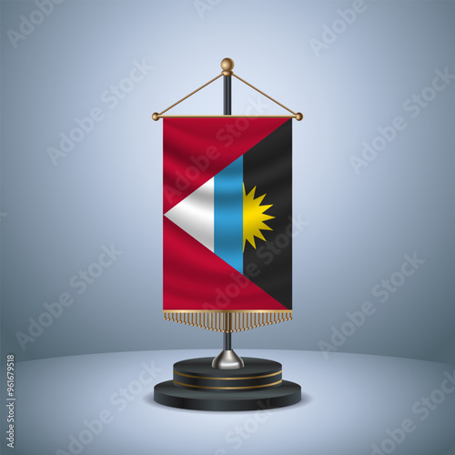 Antigua and Barbuda Vertical table flag with golden pole  on dark  gradient background