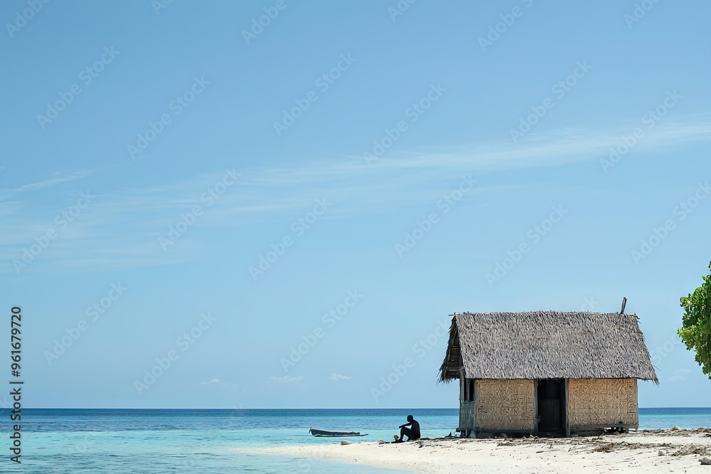 A solitary figure sits beside a traditional fishing hut on a pristine beach, the turquoise water stretching out towards a clear blue sky. A solitary figure sits beside a traditional fishing hut on a pristine beach, the turquoise water stretching out towards a clear blue sky.