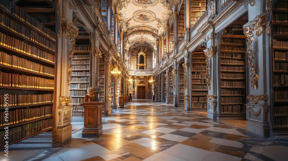 Fototapeta premium A library where each book cover is embedded with gold and silver, shining with knowledge about savings and investments