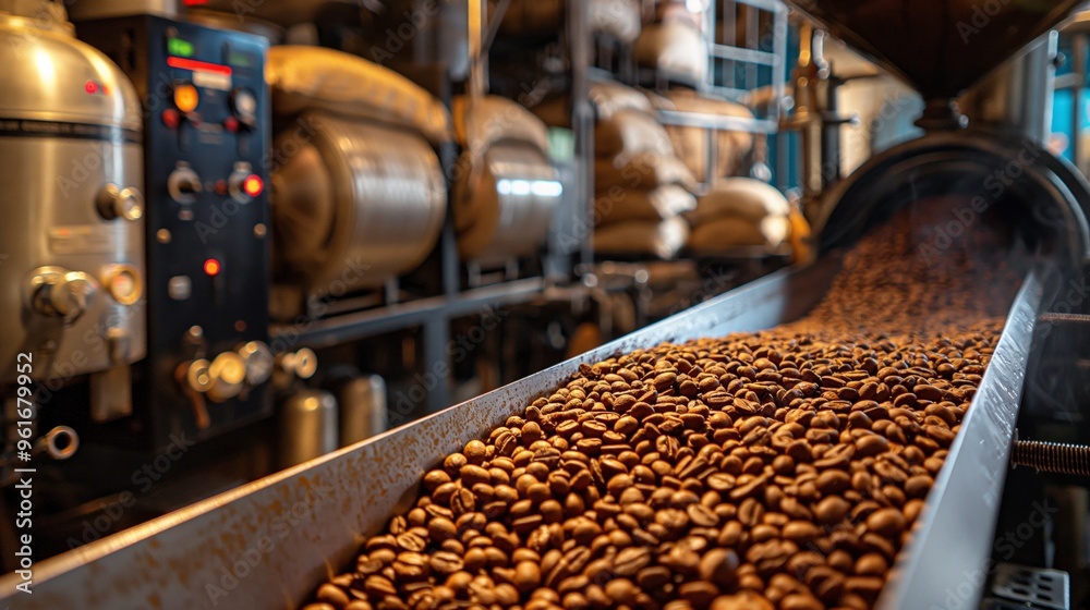 Coffee beans on a conveyor belt being processed in an industrial coffee roasting facility. Coffee beans on a conveyor belt being processed in an industrial coffee roasting facility.