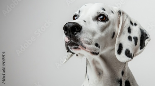 A close-up portrait of a Dalmatian dog with distinct black spots and a focused expression. photo