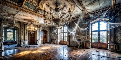 eerie decrepit mansion with cobweb-covered chandeliers and creaking floorboards