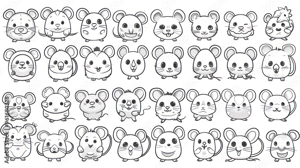 Cute cartoon mice in black and white outline with various expressions.