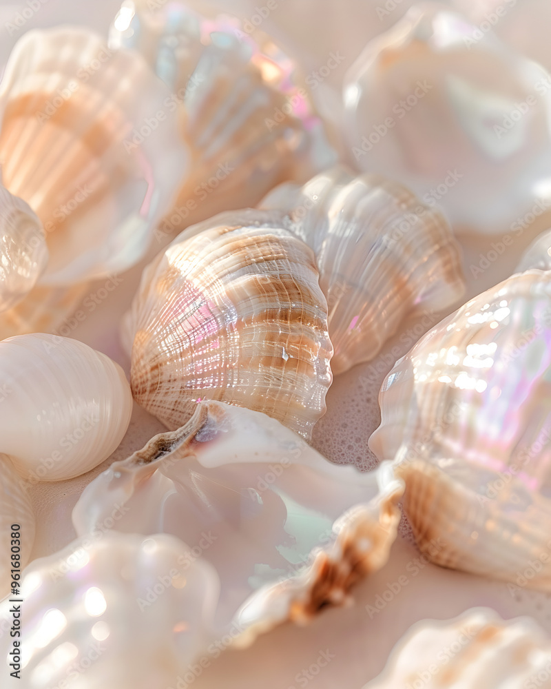 Close-up of several shiny, iridescent seashells on a clear surface. Close-up of several shiny, iridescent seashells on a clear surface.