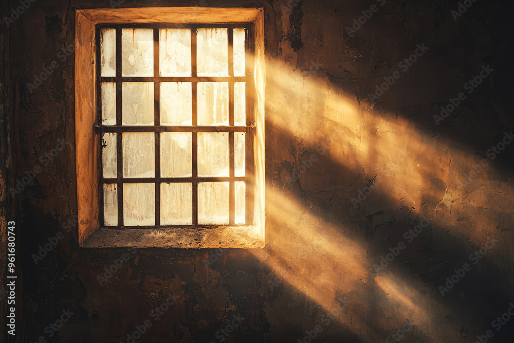 Sunlight Streaming Through a Barred Window, Illuminating a Dark Room with Hopeful Rays Sunlight Streaming Through a Barred Window, Illuminating a Dark Room with Hopeful Rays