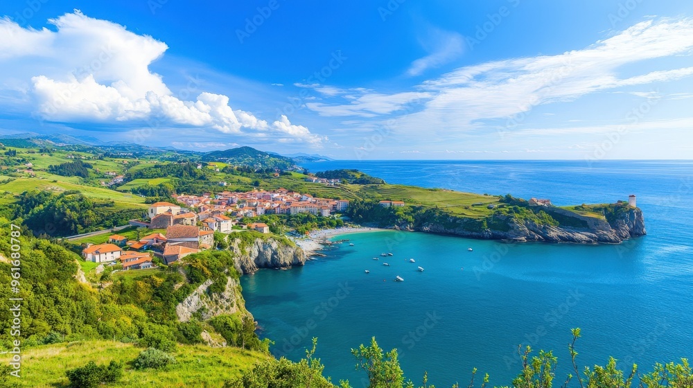 Picturesque Coastal Town with Blue Sea and Green Hills Picturesque Coastal Town with Blue Sea and Green Hills