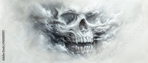  A painting of a skull expelling copious amounts of smoke from its mouth and eyes