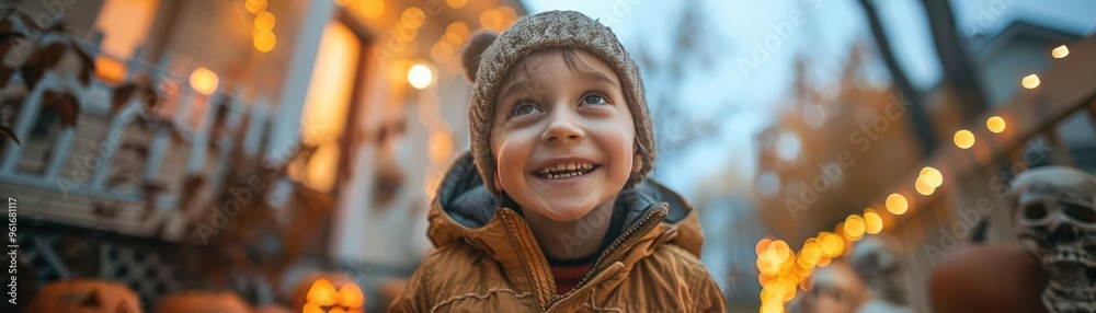 A joyful child in warm clothing enjoys a festive Halloween night with vibrant decorations and glowing lights in the background. A joyful child in warm clothing enjoys a festive Halloween night with vibrant decorations and glowing lights in the background.