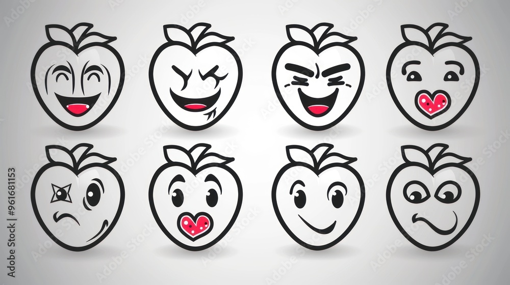 Fototapeta premium Eight fruit emoticons with various expressions.