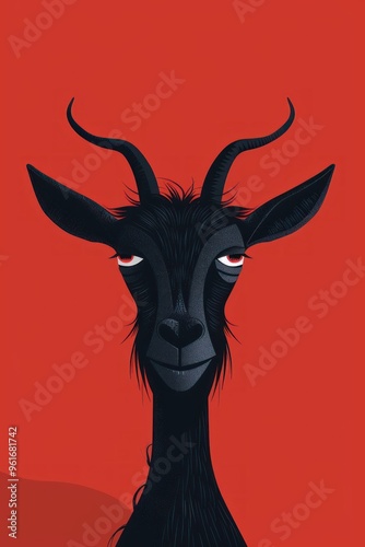 A black goat with horns and red eyes looks directly at the viewer against a red background.