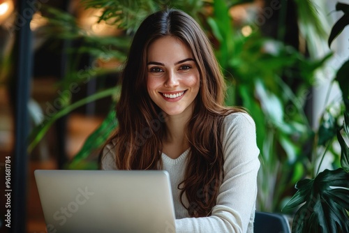 Woman, laptop and call center agent with smile for customer service, crm and help or support. Sales representative, tech and telemarketing with portrait for communication, networking , ai