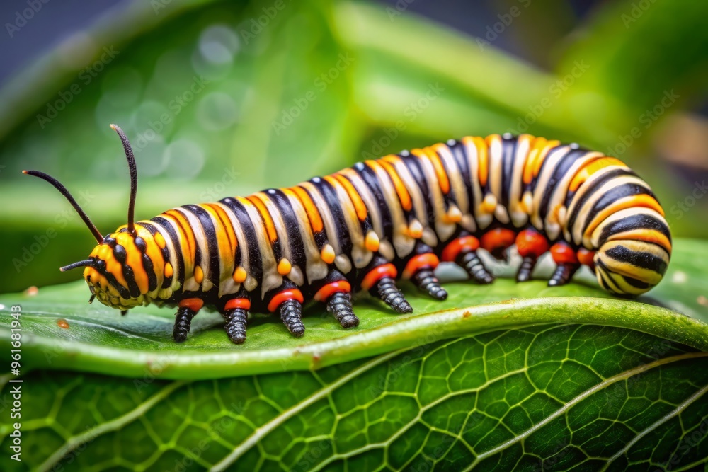 A striking black and orange banded caterpillar slowly crawls across a withered leaf in its natural oak forest A striking black and orange banded caterpillar slowly crawls across a withered leaf in its natural oak forest