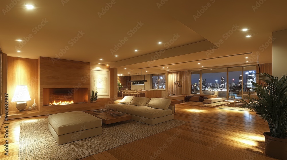 Naklejka premium Luxurious modern living room with cozy fireplace, comfortable seating, and panoramic city views from floor-to-ceiling windows at dusk