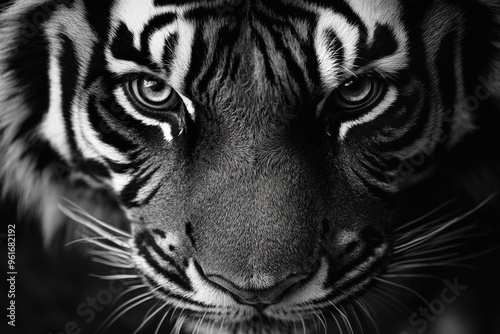 Black And White Tiger. Bold Close-up of Tiger's Powerful Face