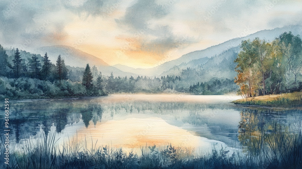 Tranquil Sunrise Over a Serene Lake with Majestic Mountains in Watercolor Tranquil Sunrise Over a Serene Lake with Majestic Mountains in Watercolor