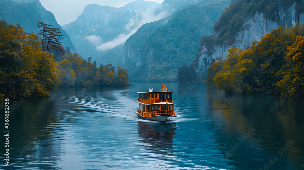 Naklejka premium Scenic Lake with Mountains and a Boat - Realistic Image