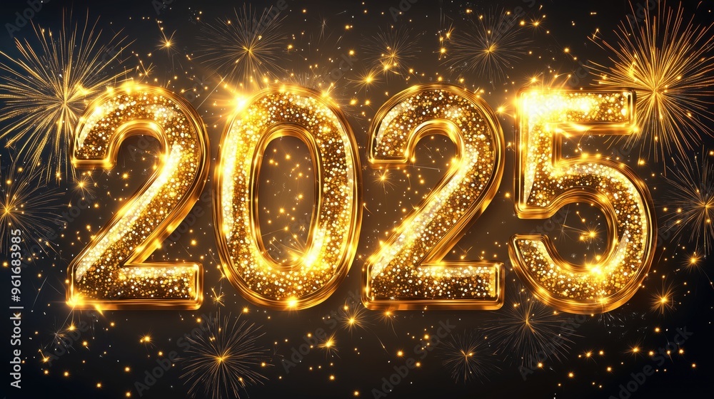 Golden sparkling numbers 2025 with fireworks exploding in the background celebrating new year's eve Golden sparkling numbers 2025 with fireworks exploding in the background celebrating new year's eve