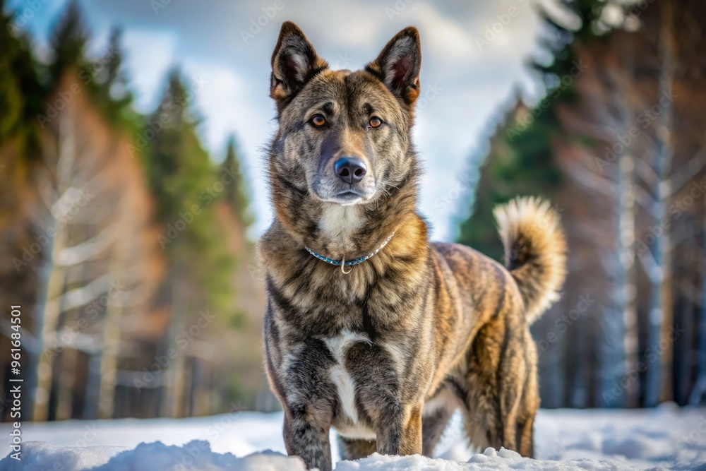 A tiny Japanese dog with a breathtaking brindle coat and alert expression sits tall, standing out against the A tiny Japanese dog with a breathtaking brindle coat and alert expression sits tall, standing out against the