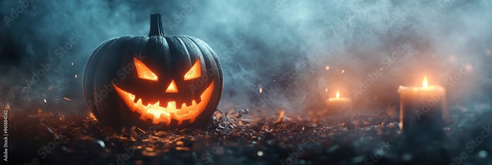 Glowing Jack-O'-Lantern in a Smoky Forest Setting Glowing Jack-O'-Lantern in a Smoky Forest Setting