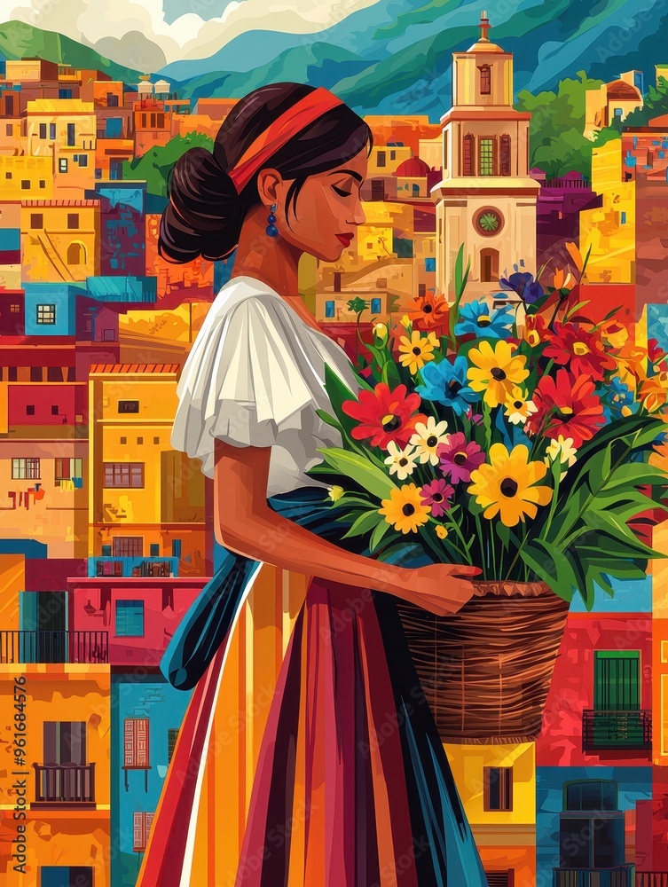 Obraz premium Woman in Traditional Dress Holding Flowers in a Colorful Cityscape