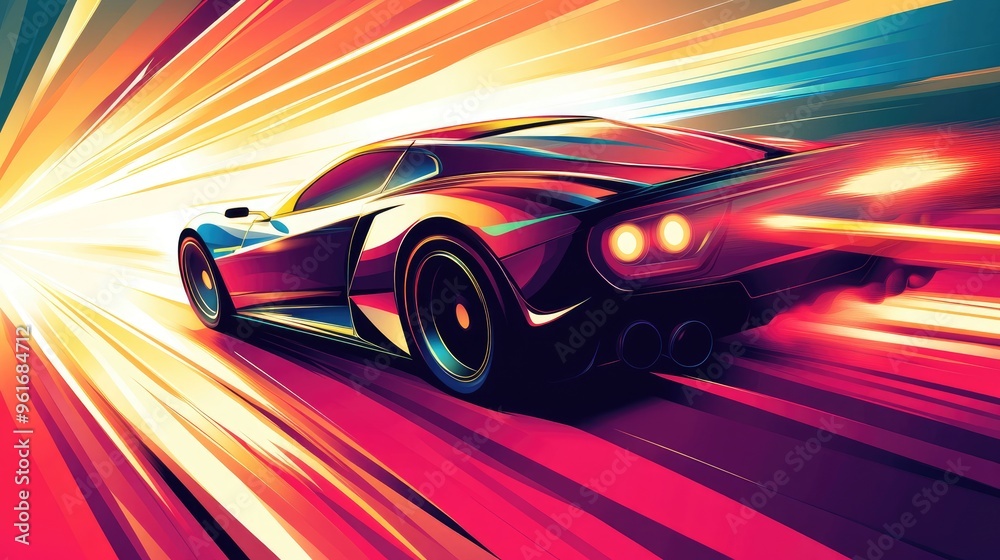 Dynamic vector illustration of a sports car in motion, with sleek lines and vibrant colors creating a sense of speed and excitement