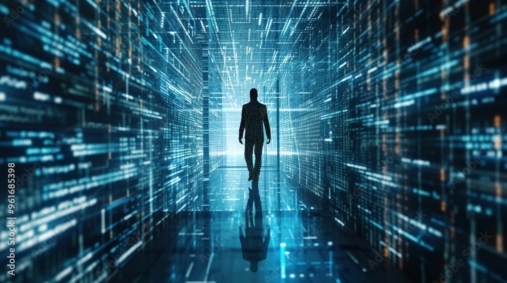 A figure walks through a futuristic data tunnel illuminated by glowing lines and digital patterns at night A figure walks through a futuristic data tunnel illuminated by glowing lines and digital patterns at night