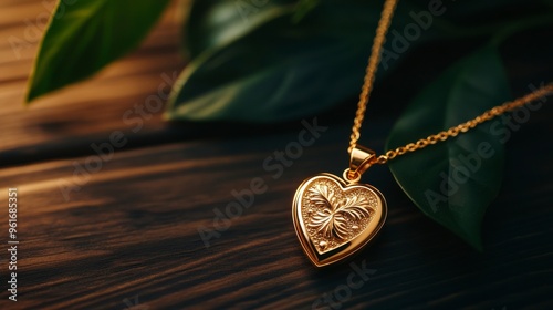 A beautiful gold heart-shaped necklace resting on wooden surface adorned with green leaves, symbolizing love and elegance.