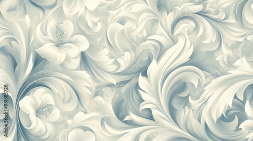 Elegant vector pattern of swirling floral elements and leaves, set in a soft, monochromatic color scheme for a sophisticated look photo