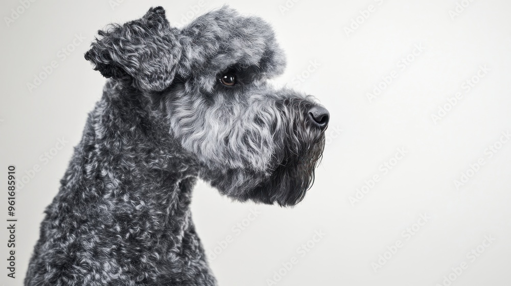 A close-up profile of a fluffy gray dog with a distinguished appearance. A close-up profile of a fluffy gray dog with a distinguished appearance.