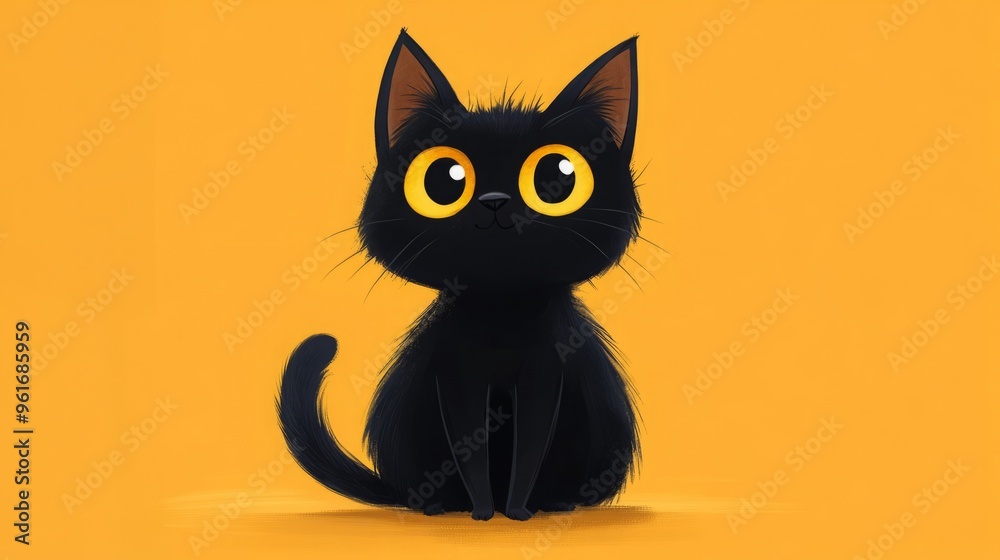 Cute black cat with big yellow eyes on an orange background.