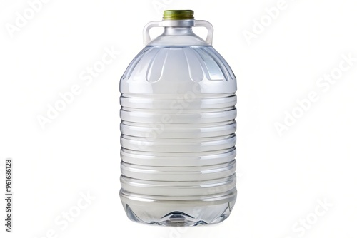 A transparent five-liter gallon plastic bottle sits atop a pristine white background, its cap in place, filled with photo